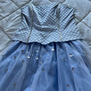 Vintage Strapless Blue Tulle Long Formal Gown Embellished Rhinestones Size Small